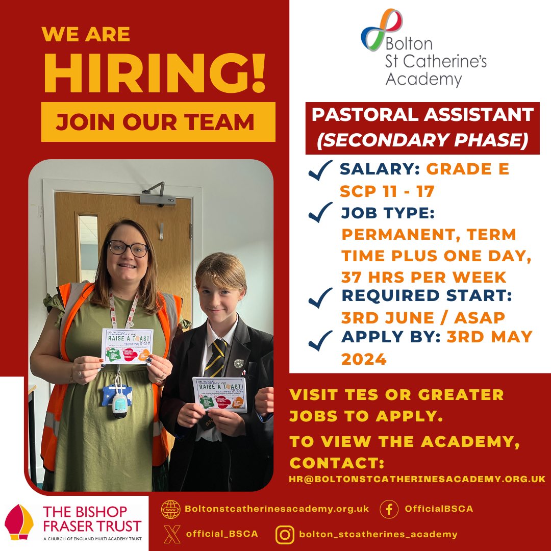 WE ARE HIRING! We are looking for a Pastoral Assistant to a Year Leader in our Secondary Phase. We would love to hear from you if you are committed to providing every opportunity for our students to live life in all its fullness. #WEAREBSCA #CARE tes.com/jobs/vacancy/p…