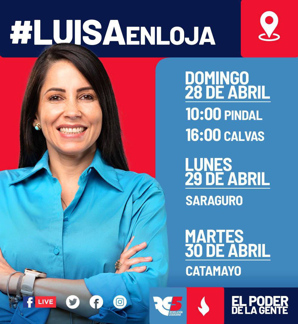 #LuisaEnLoja🙋🏻‍♀️ | Acompañemos a la Presidenta de #RC5, @LuisaGonzalezEc, durante sus actividades en la querida provincia de Loja.

¡Juntos, seguiremos construyendo un mejor país!🇪🇨🌞

#LuisaEnTerritorio 
#ElPoderDeLaGente 
#RC5