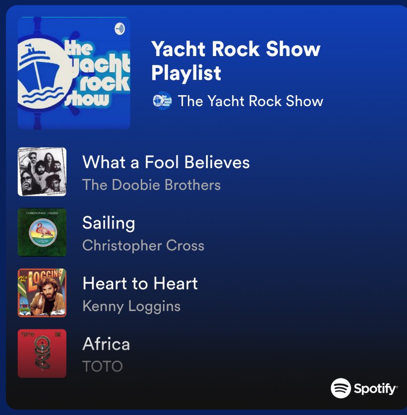 Got #Yachtrock!? 
Over 65 hours of #Yachtyashell bliss! 
Save this link listen now!
Listen: open.spotify.com/playlist/6Fgeu… @JohnMayer @blakeshelton @gwenstefani @RobLowe @kennyloggins @PapaJonas