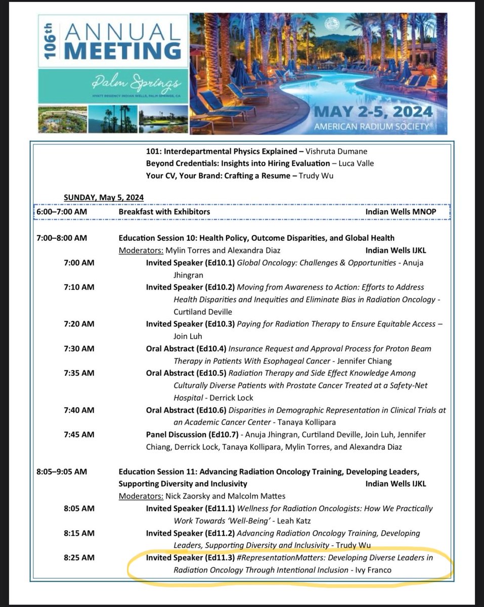 Excited to present @RadiumSociety ARS 106th Annual Mtg. Sun May 5th 8:05-9:05 AM Come join @leah_minnie @TrudyWuMD @NicholasZaorsky @MalcolmMattesMD & me for an amazing talk on #RadOnc training, #Wellbeing, #MedEd, #Leadership, #Diversity, #Inclusion & more! 😎☢️🧬