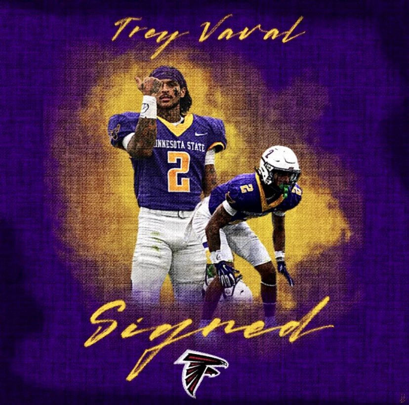 It’s Official ✍️ @MinnStFootball’s @trey_vaval_ is apart of the @AtlantaFalcons! Trey was a 2x All American for MSU. We look forward to seeing him making big plays like he did in the purple and gold! Congrats Trey! #MadeTheJourney #MavFam #WelcomeToTheLeague 📸 by Lauren Bird