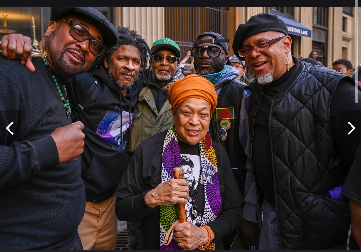 FREE MUMIA! HANDS OFF PALESTINE! Chairman Fred Hampton Jr., Kalonji Jama Changa , Dhoruba Bin-Wahad, Pam Africa, Dadaji Odinga (Sekou’s son) and Zayid Muhammad.