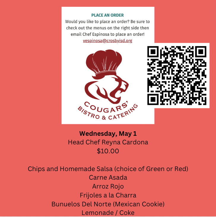 Lunch at Cougars' Bistro this week! Carne Asada and Arroz Rojo sound delicious. The Bistro is a student-run restaurant inside @CrosbyHigh. Lunch is $10 on May 1. crosbyisd.revtrak.net/cougar-bistro/… #MovingForward