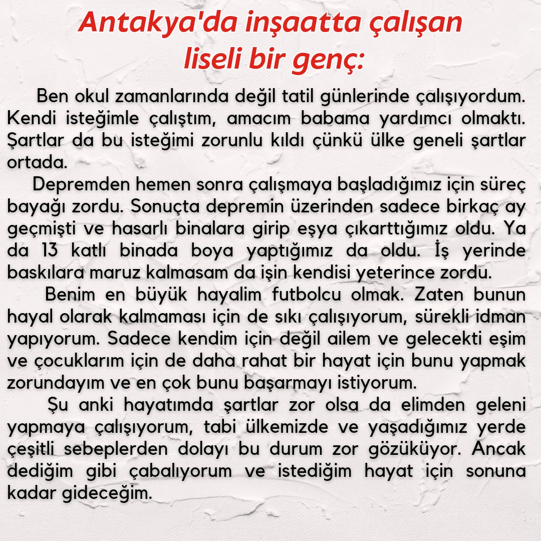 📣 Antakya'da inşaatta çalışan liseli bir gençten mesaj var!
Tüm işçi ve öğrenci gençlik için Denizlerin Cüretiyle 1 Mayıs'ta Taksim'e, alanlara akın edelim! 

#1mayıstataksime #1mayıs