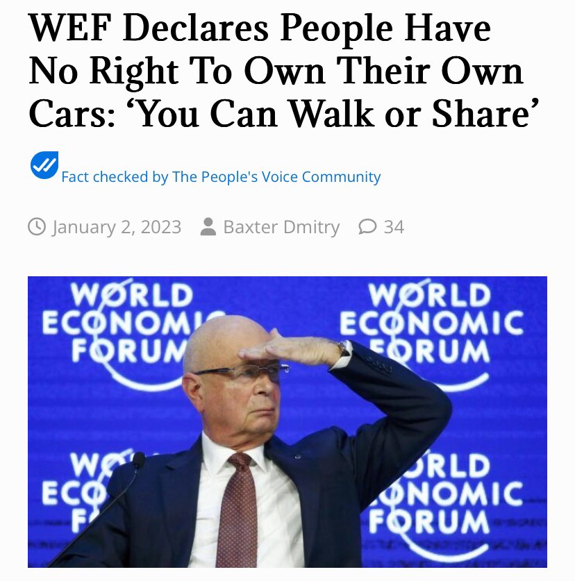 Klaus Schwab has declared that people have no right to own their own car and can instead 'walk or share'.

According to Schwab, far too many people own their own vehicles and this situation must be corrected by pricing them out of the market.

He’s pure evil.