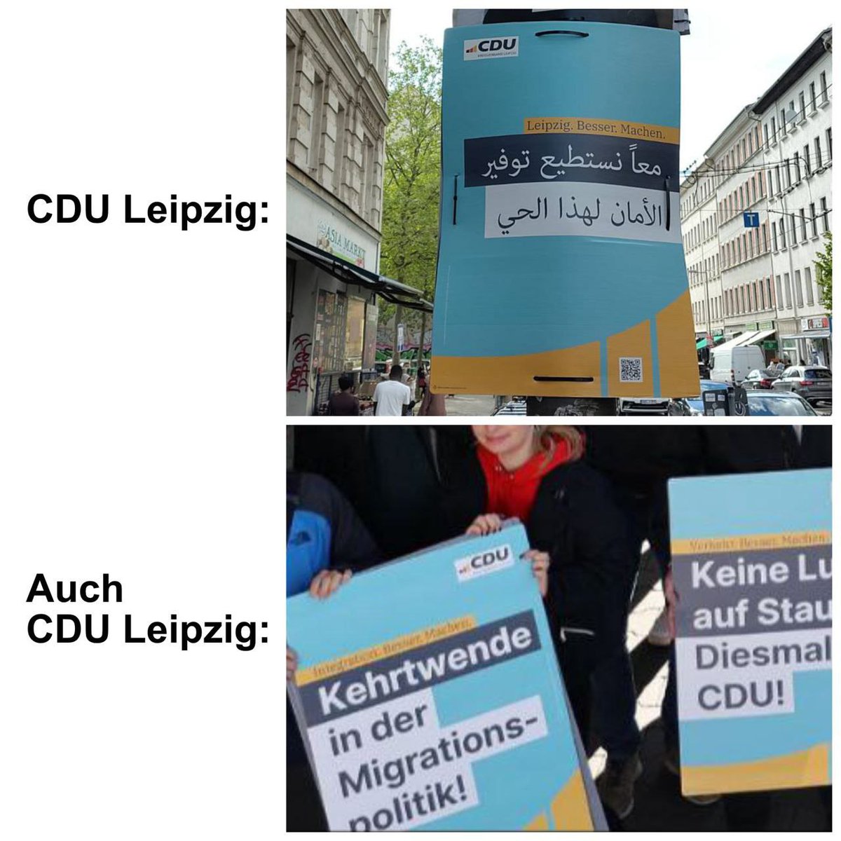 Auch nochmal ein ganz neues Level der Verlogenheit. Oben CDU Plakate an der Eisenbahnstraße, unten Rest von Leipzig. #srwl24 #Leipzig