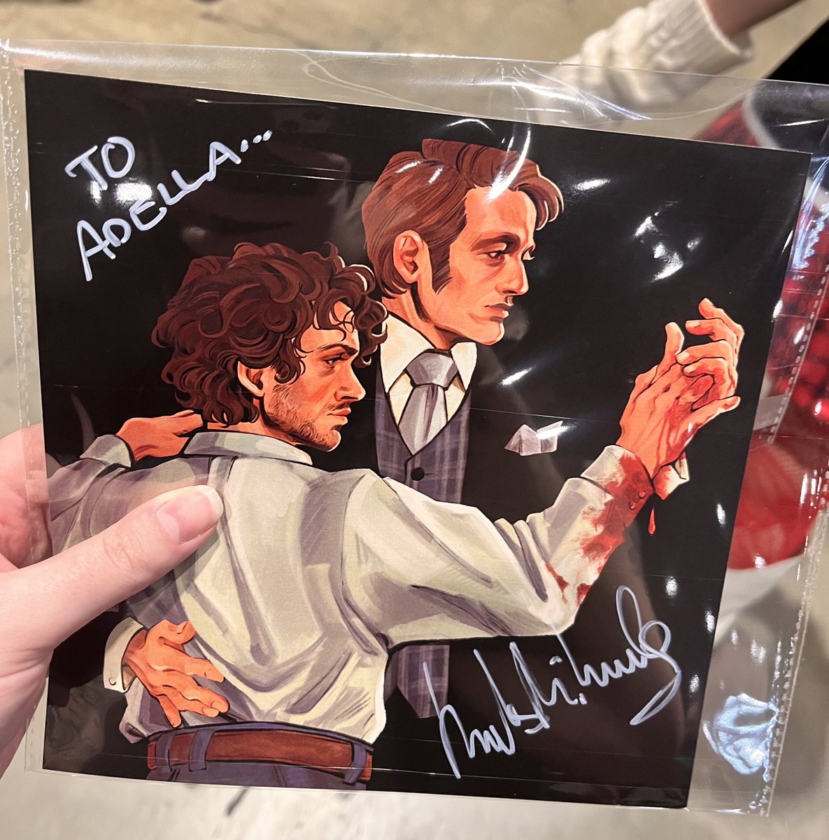 got my print signed by mads, told him the show inspired me to do art when I was younger and now I do it full-time, he said “successfully?” and I said “yeah” and he tapped the print and said “they make a beautiful couple” and I said “thank you so much”