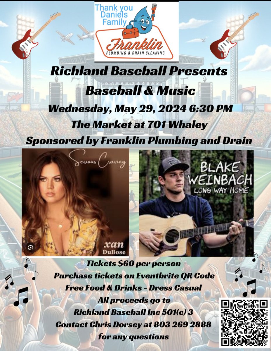 Richland Post 215 American Legion Baseball Program (@monarchs803) on Twitter photo This is going to be a night to remember!  We have 85 kids n the program this yr playing for FREE & needed help.  After an amazing call w singer songwriters Blake & Xan this happened!  Only 200 tickets r being sold on eventbrite (QR on Flyer) so it will sell out fast!
⚾ & 🎵 This is going to be a night to remember!  We have 85 kids n the program this yr playing for FREE & needed help.  After an amazing call w singer songwriters Blake & Xan this happened!  Only 200 tickets r being sold on eventbrite (QR on Flyer) so it will sell out fast!
⚾ & 🎵