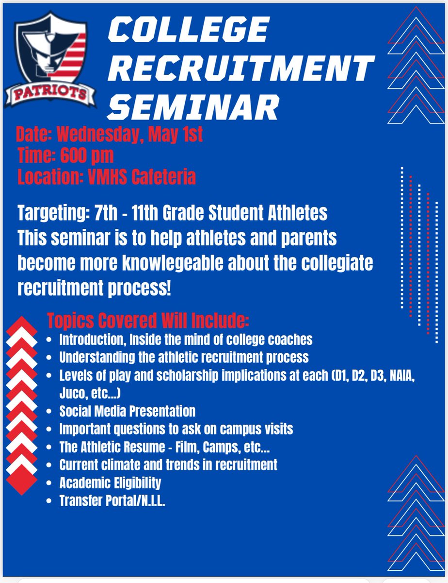 Veterans Memorial Patriot Volleyball (@vmhs_patriotvb) on Twitter photo On Wednesday, May 1st we will be hosting a collegiate recruiting seminar here on campus. This meeting is open to all incoming 7th-11th grade student athletes who are interested in playing at the next level.
<a href="/JISD_ATHLETICS/">Judson ISD Athletics</a> <a href="/SAVeteransHS/">Veterans Memorial High School</a> <a href="/VMHSMediaTeam/">VMHS Media</a> <a href="/VMHSABC/">VMHS Athletic Booster Club</a> <a href="/KittyHawkMS/">Kitty Hawk MS</a> On Wednesday, May 1st we will be hosting a collegiate recruiting seminar here on campus. This meeting is open to all incoming 7th-11th grade student athletes who are interested in playing at the next level.
<a href="/JISD_ATHLETICS/">Judson ISD Athletics</a> <a href="/SAVeteransHS/">Veterans Memorial High School</a> <a href="/VMHSMediaTeam/">VMHS Media</a> <a href="/VMHSABC/">VMHS Athletic Booster Club</a> <a href="/KittyHawkMS/">Kitty Hawk MS</a>