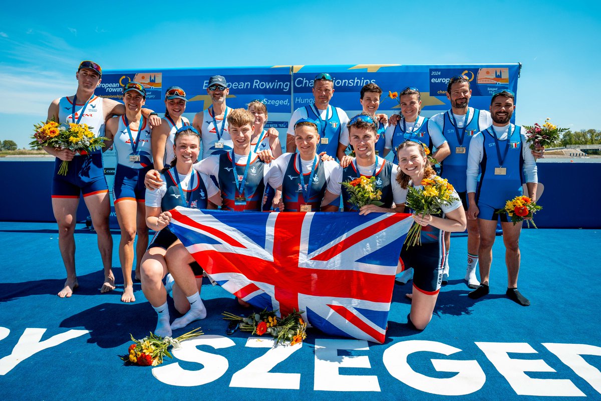 The top rowing nation in Europe 🇬🇧 GB won 4 gold and 1 silver on the final day of the European Rowing Championships, bringing our total to 8 gold, 1 silver and 1 bronze! 🥇 🥇 🥇 🥇 🥈 Full race report 👇 britishrowing.org/2024/04/great-… #ERChamps #ThanksToYou