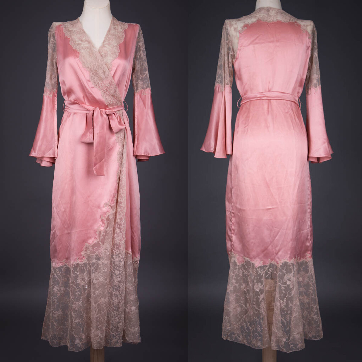 This c. 1940s full-length robe is made in pink rayon satin and embellished with appliquéd Schiffli embroidered tulle at the collar, shoulders, and hem. Explore this piece in further detail on our website! underpinningsmuseum.com/museum-collect…