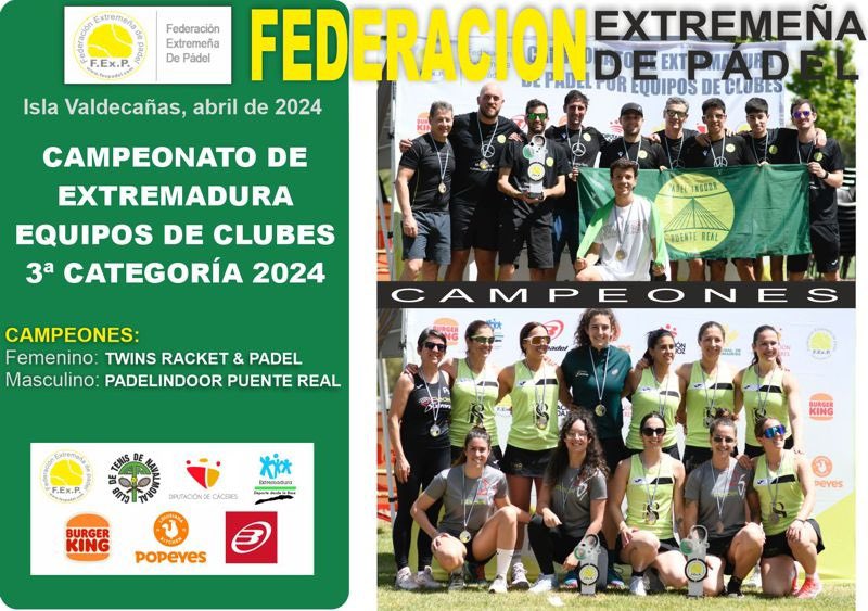 ✅ FINALIZÓ EL CAMPEONATO DE EXTREMADURA POR EQUIPOS DE 3ª F.F. 2024 CAMPEONES Y FINALISTAS: Masculino: 🥇 Pádel Indoor Puente Real 🥈 Pádel Indoor La Cañada Femenino: 🥇 Twins Rackets 🥈 Pádel 5 Stars 📸📝 bit.ly/49RDK2p