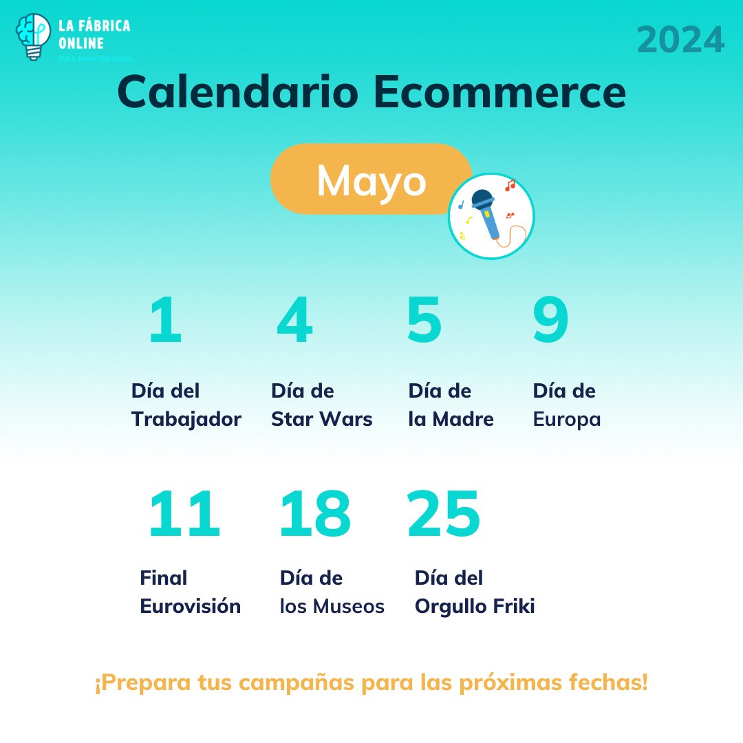 📅🎤¡FECHAS ESPECIALES DE MAYO PARA TU ECOMMERCE!🛒

Ten preparado tus campañas para estos días especiales de mayo 👉 #DíadelTrabajador 👷♂️, #DíadelaMadre 👩👧👧, #DíadeStarWars 🤖, #Eurovision2024 👩🎤, #DíadeEuropa🌍, #DíadelosMuseos🖼, #DíadelOrgulloFriki🐱👓.