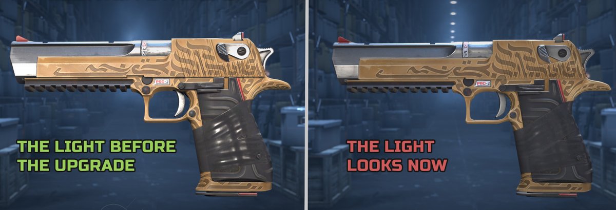 🚨 <a href="/CounterStrike/">CS2</a>, the latest update changed the lighting in the Warehouse scene for skin inspection. Previously, the light was vibrant and contrasted, now it's pale and incorrectly positioned. Can we go back to the previous setup? Here’s a before-and-after comparison. #CS2 🫰