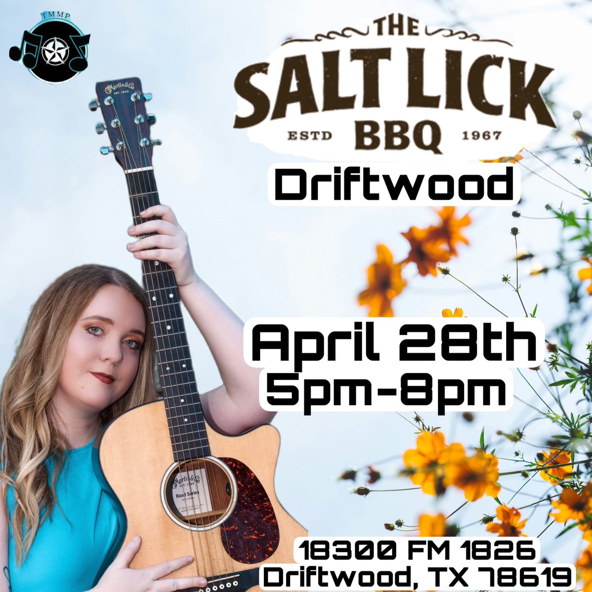 Last Minute Show!! I’m performing at Salt Lick in Driftwood! Come join me for some great BBQ. 

🎶The Salt Lick🎶
Sunday April 28th 5pm-8pm 
18300 FM 1826
Driftwood, TX 78619

#musician #livemusic #tmmp #liveperformance #livemusicvenue #FreeEntertainment #driftwood