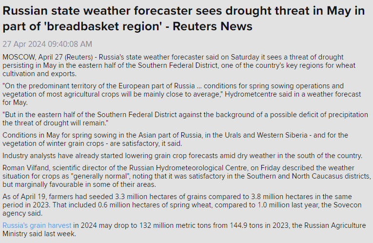🇷🇺#Russia's state weather forecaster on Saturday said it sees threat of drought persisting in May for eastern portions of the Southern District, Russia's top #wheat growing region. The March-April period has been among the driest ever for the district.