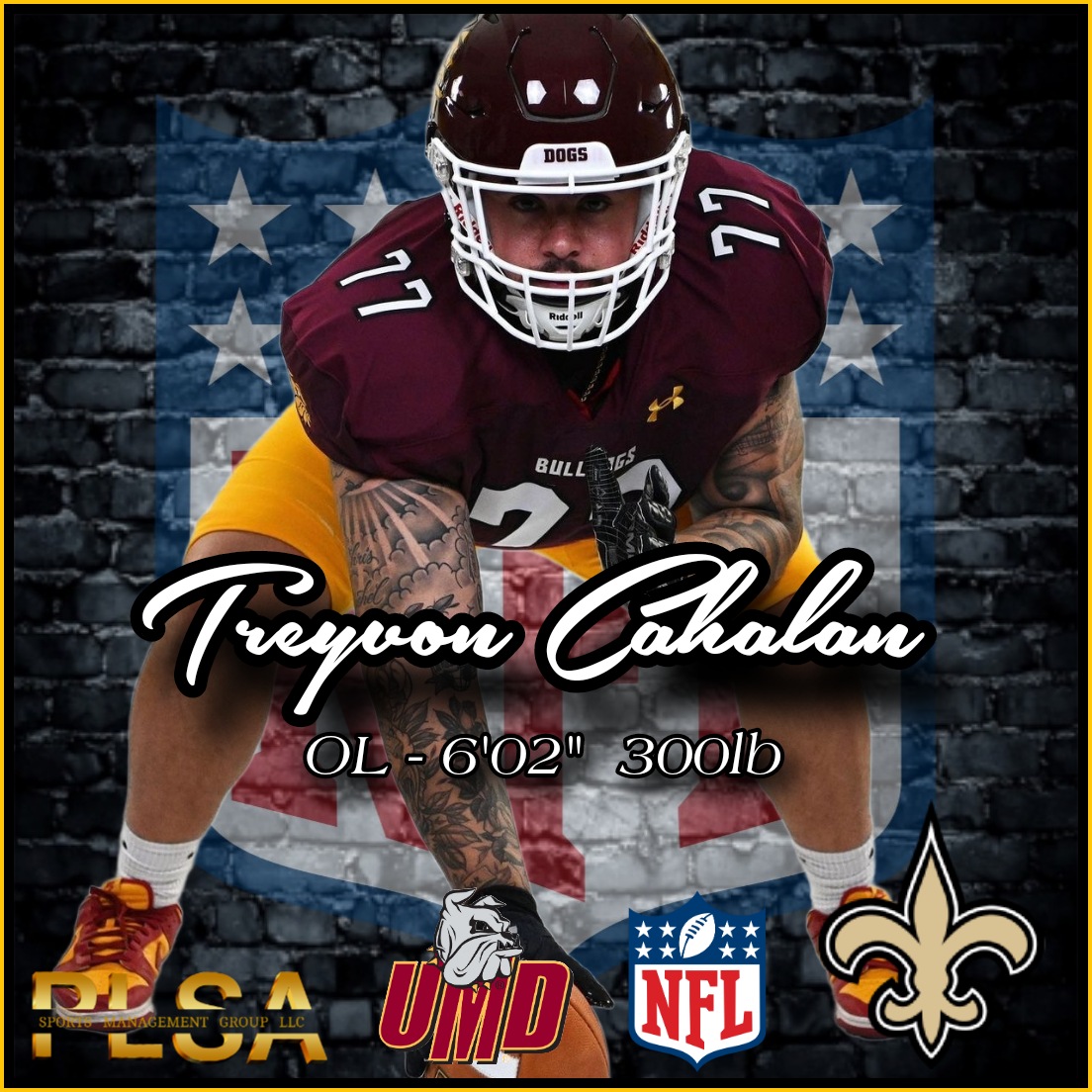 Congratulations to @ProLevelAgents client Treyvon Cahalan @CahalanTrey for receiving a Rookie Mini Camp invitation from @Saints Treyvon is a 6'02' & 300lb OL who played collegiately at @TheDunkirkies
