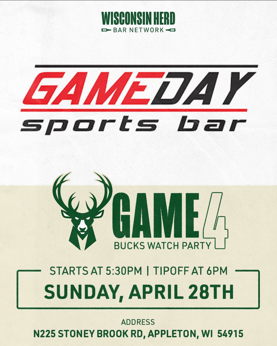 Playoff @Bucks Watch Party at GameDay Sports Bar today! Come and join us for some food and drinks while cheering on the Bucks 🦌🎉 Starts at 5:30 PM CST, Tip-off at 6 PM CST!