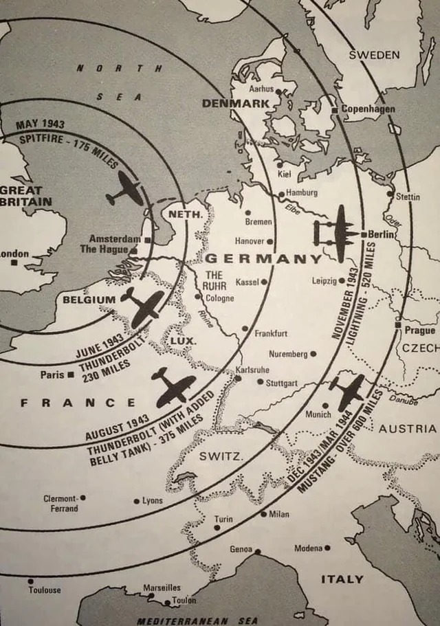 Approximate mission ranges from bases in England. Interesting to see the distance the P-51 had, and why it was a fantastic escort fighter. And note this is for the USAAF, the RAF is not included in this diagram.