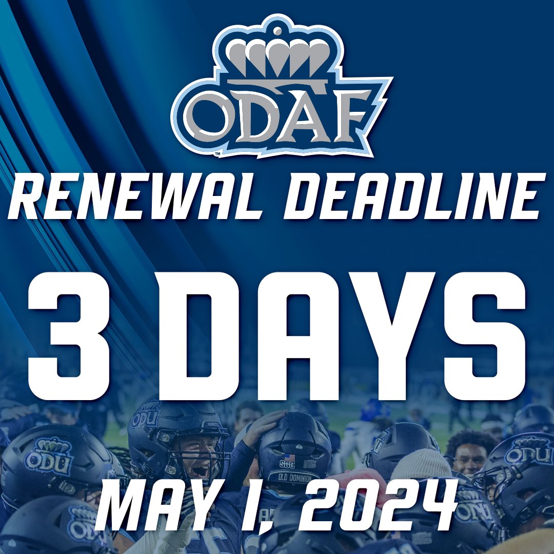 🚨ODAF Renewal Deadline🚨

Deadline: May 1st

Donations: tinyurl.com/3z6ybw6j
Parking Requests: tinyurl.com/5fwzjtw2

#ODUSports | #ReignOn | #Monarchs