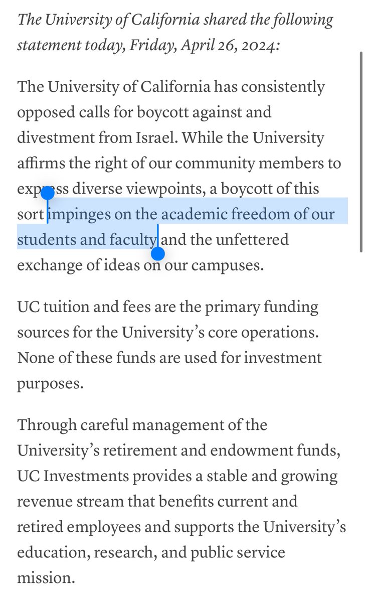graceelavery's tweet photo. The Regents of the University of California stated on Friday that they would not accede to demands for divestment on the grounds of academic freedom. This is a shocking misuse of the term. Academic freedom has never, and must never, covered university investment portfolios. https://t.co/xENqy8VCGF