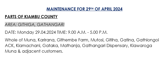 Good evening, Please find the areas on scheduled maintenance for 29th of April 2024.^MM