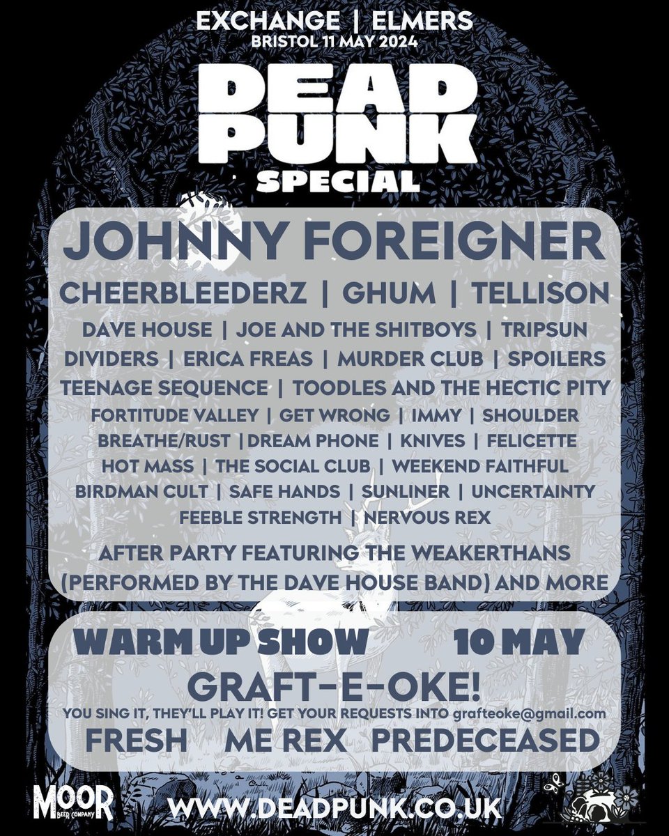 Deadpunk (@deadpunkpromo) on Twitter photo A week Fri this kicks off with a banger featuring <a href="/freshpunks/">Fresh</a> <a href="/merexband/">ME REX 🪱</a> @predeceasedcult and #grafteoke
Then the main event Sat with <a href="/lexkelandjun/">Johnny Foreigner</a> <a href="/cheerbleederz/">🤡cheerbleederz 🤡</a> @tripsunband <a href="/tellisontalk/">Tellison</a> @ToodlesBand <a href="/MurderClubuk/">Murder Club</a> <a href="/sunlinerband/">SUNLINER s/t album out now!</a> and loads more!
deadpunk.co.uk A week Fri this kicks off with a banger featuring <a href="/freshpunks/">Fresh</a> <a href="/merexband/">ME REX 🪱</a> @predeceasedcult and #grafteoke
Then the main event Sat with <a href="/lexkelandjun/">Johnny Foreigner</a> <a href="/cheerbleederz/">🤡cheerbleederz 🤡</a> @tripsunband <a href="/tellisontalk/">Tellison</a> @ToodlesBand <a href="/MurderClubuk/">Murder Club</a> <a href="/sunlinerband/">SUNLINER s/t album out now!</a> and loads more!
deadpunk.co.uk