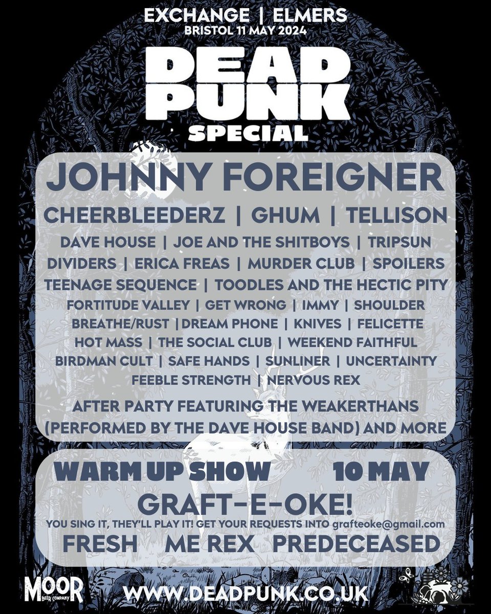 A week Fri this kicks off with a banger featuring @freshpunks @merexband @predeceasedcult and #grafteoke Then the main event Sat with @lexkelandjun @cheerbleederz @tripsunband @tellisontalk @ToodlesBand @MurderClubuk @sunlinerband and loads more! deadpunk.co.uk