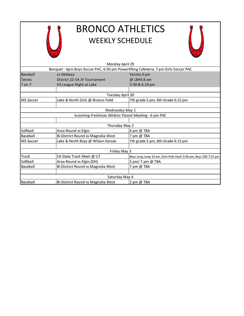 Huge week for @BroncosLbhs! Banquets for @lakebelton_boys, @lbsoccer_LBHS & @LbhsPower on Monday! Area Round for @LBBroncoSB, Bi-District Round for @LBBBaseball. STATE MEET for @LBHSGirlsTrack & @lakebroncotrack and 7 on 7 starting up for @LBBroncoFB #RISEUP