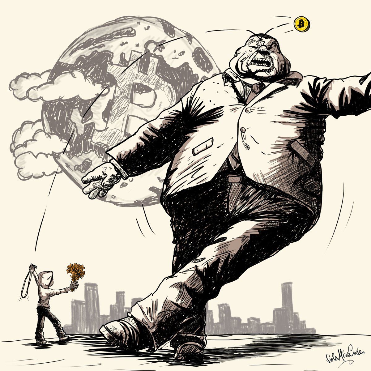 The only way to deal with an unfree world is to become so absolutely free that your very existence is an act of rebellion.

<a href="/BitRioters/">Bit-Rioters by Viola MissCode</a> n85 "David vs Goliath"
#Ordinals #Bitcoin