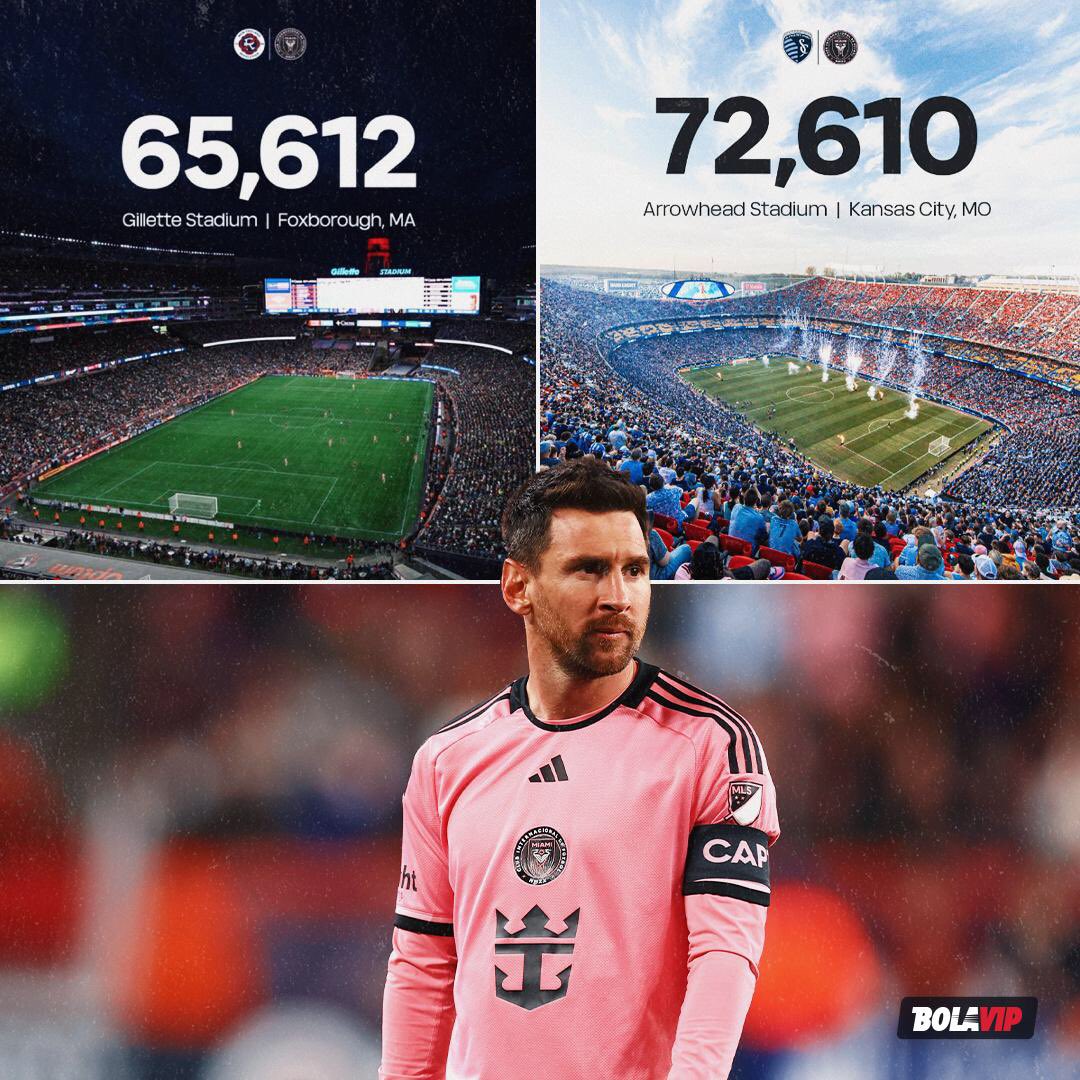 🏟️ 13 de abril: 72.610 personas rompen el RÉCORD de asistencia de Kansas City en la MLS. 🏟️ 27 de abril: 65.612 personas rompen el RÉCORD de asistencia de New England Revolution en la MLS. Simplemente, Lionel Messi. 🐐🇦🇷