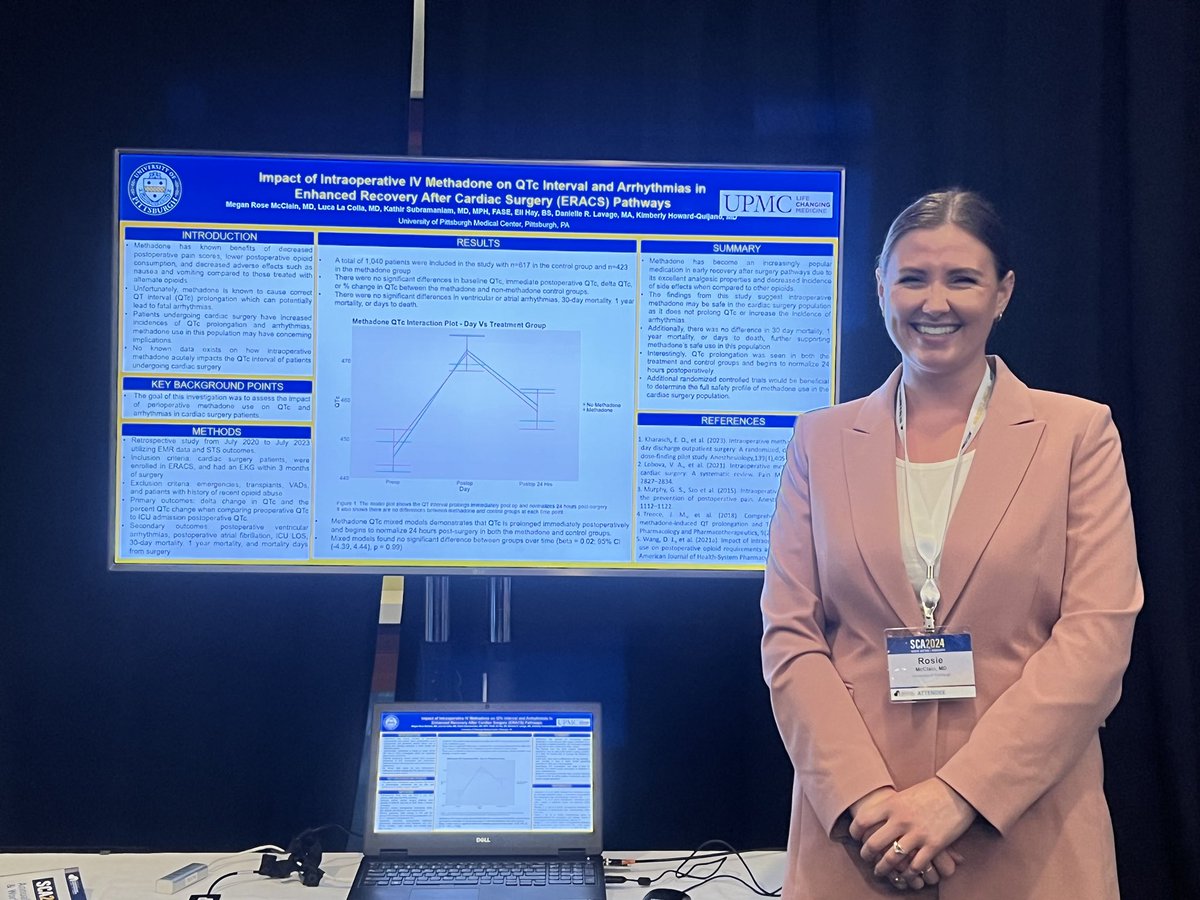 Our fellow Dr. Rosie McClain presenting on methadone as an alternative to regional blocks in #ERACS showing no QTc prolongation at a dose of 0.1mg/kg #SCA2024 @PittAnes