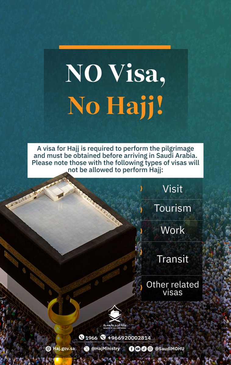 Please note those with the following types of visas will not be allowed to perform Hajj: VISIT, TOURISM, WORK, TRANSIT other related visa.
#hajj #visitvisa #tourismvisa #workvisa #transitvisa #hajj2024
