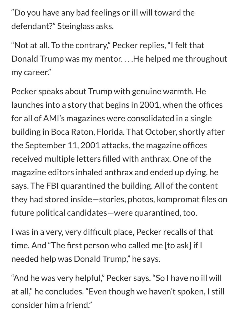 The defense has indicated that it intends to attack the credibility of key witnesses–Cohen, Daniels–by portraying them as relentlessly hostile to Trump. But David Pecker made it clear that he’s not on a Witch Hunt—in fact, he said, he considers Trump a “mentor” and “friend.”