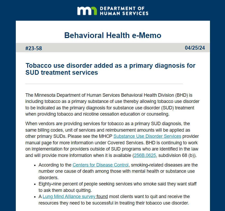 _CORIMN's tweet photo. DHS has added Tobacco Use Disorder as a primary diagnosis for SUD treatment services, recognizing the impact that tobacco use has on physical and mental health. #substanceusedisorders https://t.co/9TsLmzuBx3