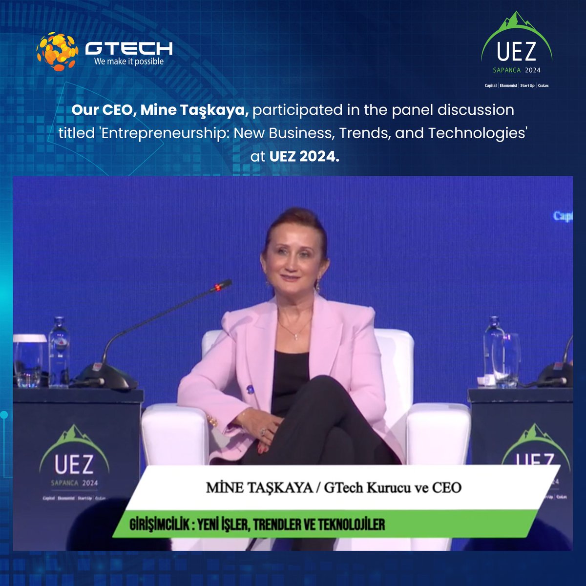 Our CEO, Mine Taşkaya, participated in the panel discussion titled 'Entrepreneurship: New Business, Trends, and Technologies' at UEZ 2024.
#UEZ2024 #Entrepreneurship #GTech #Technology #Innovation