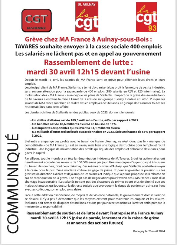 le PDG de Stellantis, l’homme qui valait 100.000E pas jour,ferme une usine avec une casse de 400 emplois dans le 93. Suite à la grève il a daigné offrir une prime équivalente au prix d’une voiture, comme indemnité. La grève est reconduite. Rassemblement de lutte mardi 30avril.