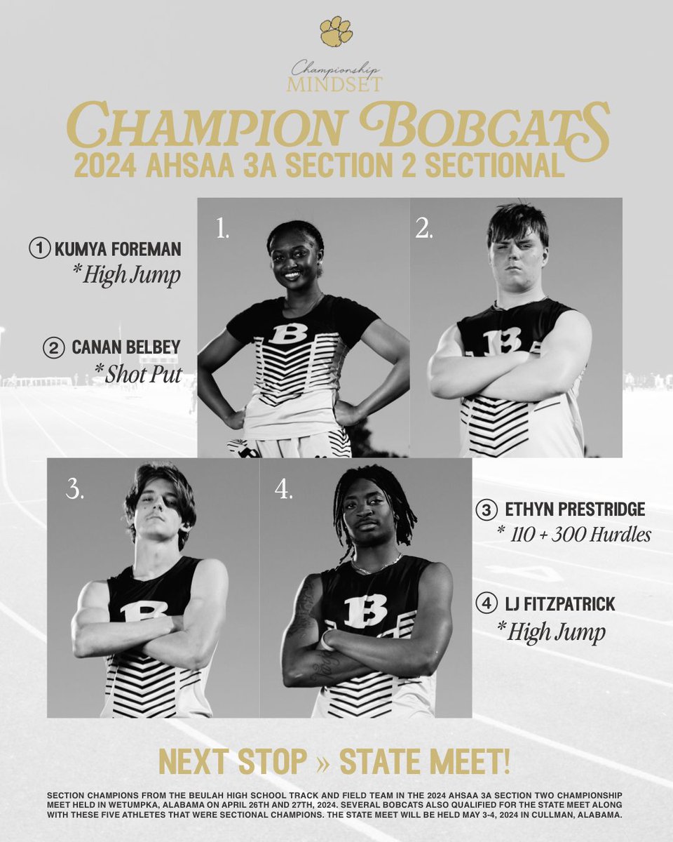 BeulahHigh_'s tweet photo. 🎶 We are the champions, my friend 🎶

Four Bobcats came out as section champions this weekend in Wetumpka! 🥇

#BeulahTrackandField https://t.co/jHjvTJtNjU