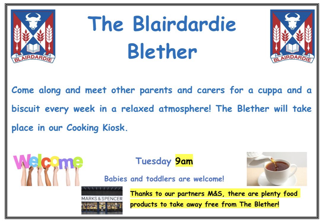 ⭐️⭐️Blairdardie Blether this Tuesday, 9am⭐️⭐️: we are delighted our weekly Blether continues on Tuesday, parents and carers! 😊 Please come along for 🫖 and 🍪 with lots of food to take away from our wonderful partners, @marksandspencer . 😊 #welcome