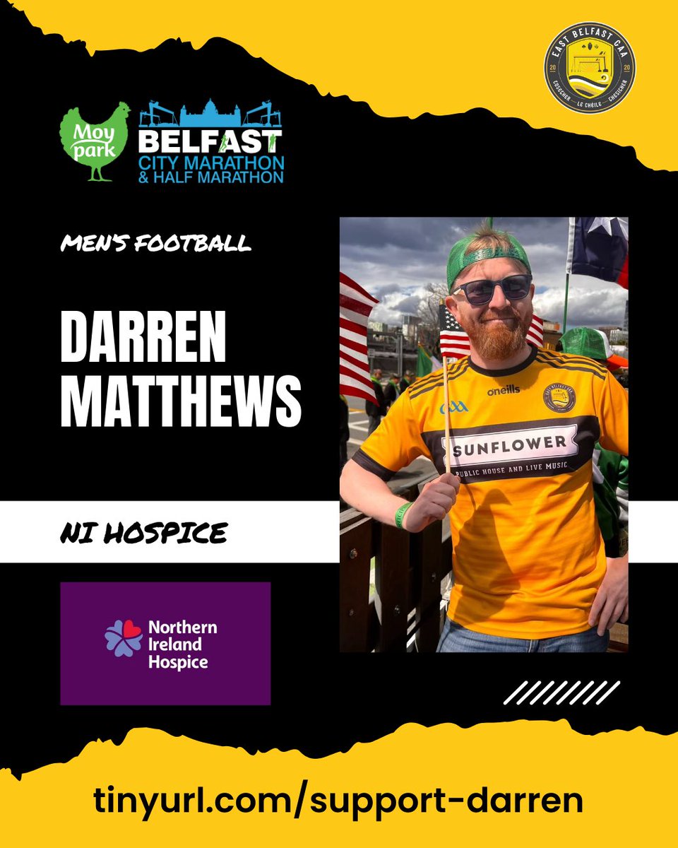 Join us in supporting Darren as he takes part in the @marathonbcm Belfast Marathon next Sunday in aid of @NIHospice Together, we can make an impact. 🔗 tinyurl.com/support-darren 🏃‍♂️🏅 #Together #LeChéile #Thegither #BelfastMarathon #MoyParkMiles #OthersLiveWhenYouGive