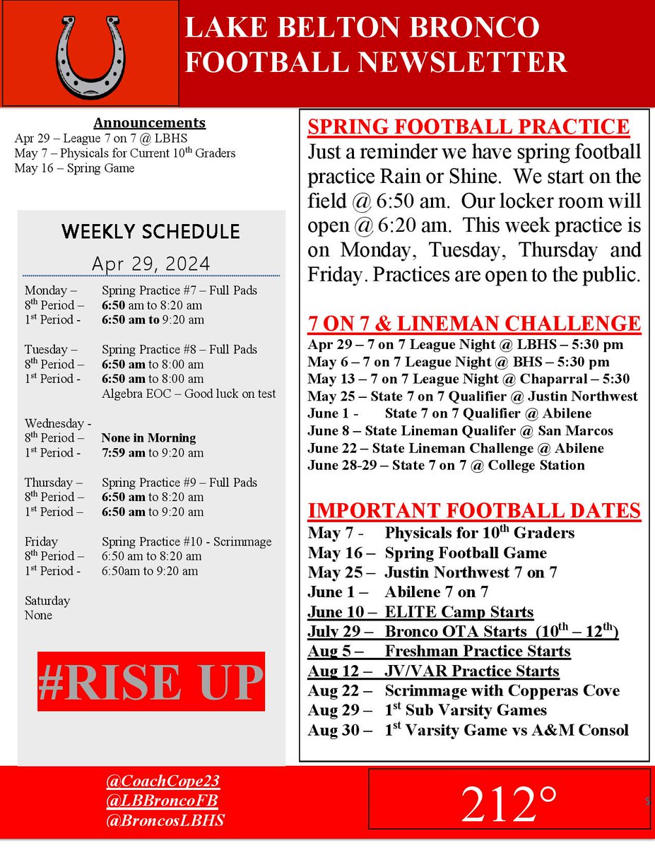 Bronco Football Weekly Newsletter. 4 Day Practice week. Time to get better! #ALLIN