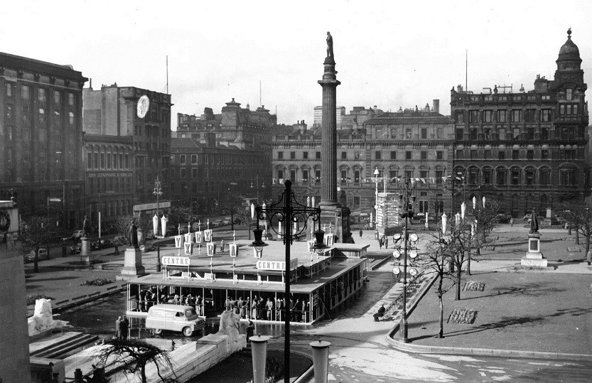 George Square in 1957, featuring the x-ray screening centre which was set up as part of the campaign against tuberculosis. Thirty seven mobile units also travelled the city, and in all 714, 915 people were x-rayed in an effort to eradicate the disease. Ref: D-AP9/6/25/74