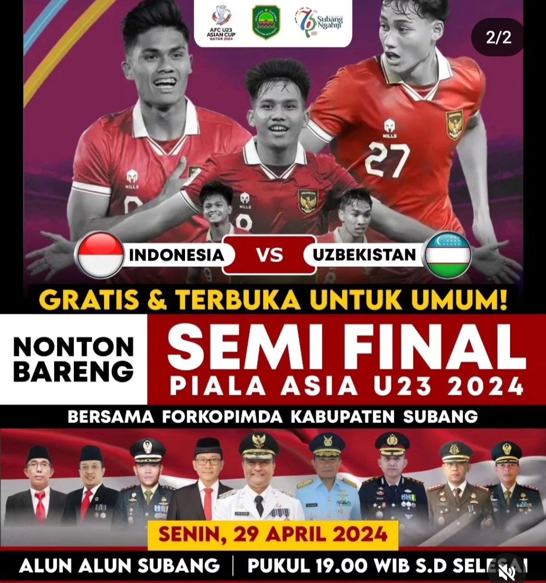 #nobarSubang Yuk nobar Semi Final Piala Asia U23 2024 di Alun2 Subang hari ini, Senin 29 April, pukul 19.00. GRATIS.

Tetap jaga kebersihan dan keamanan brg2 pribadi ya, wargi Subang.

#TimnasDay
#TimnasIndonesia 
#TimnasU23 
#AFCU23