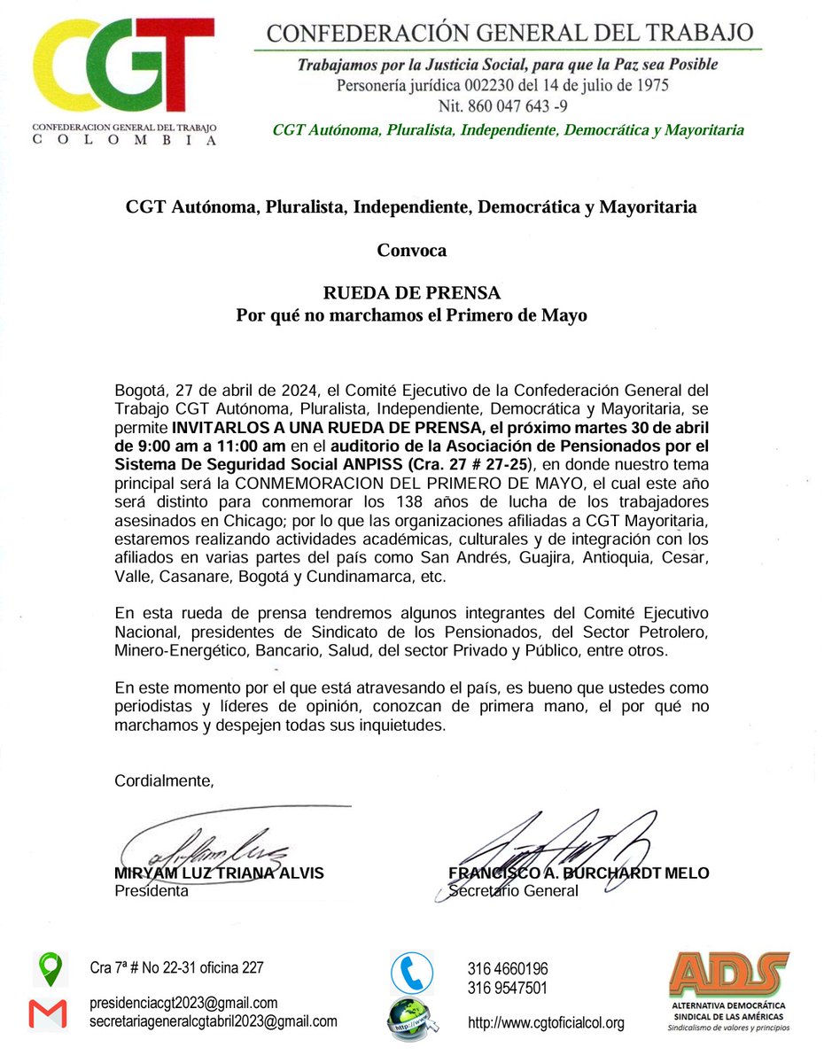 La CGT COLOMBIA Invita a todos los medios a una RUEDA DE PRENSA este martes 30 de abril, los esperamos @lafm @CaracolRadio @rcnradio @RTVCnoticias @NoticiasRCN @NoticiasUno @RedMasTv @BluRadioCo @everstrongever @Miryamluztriana