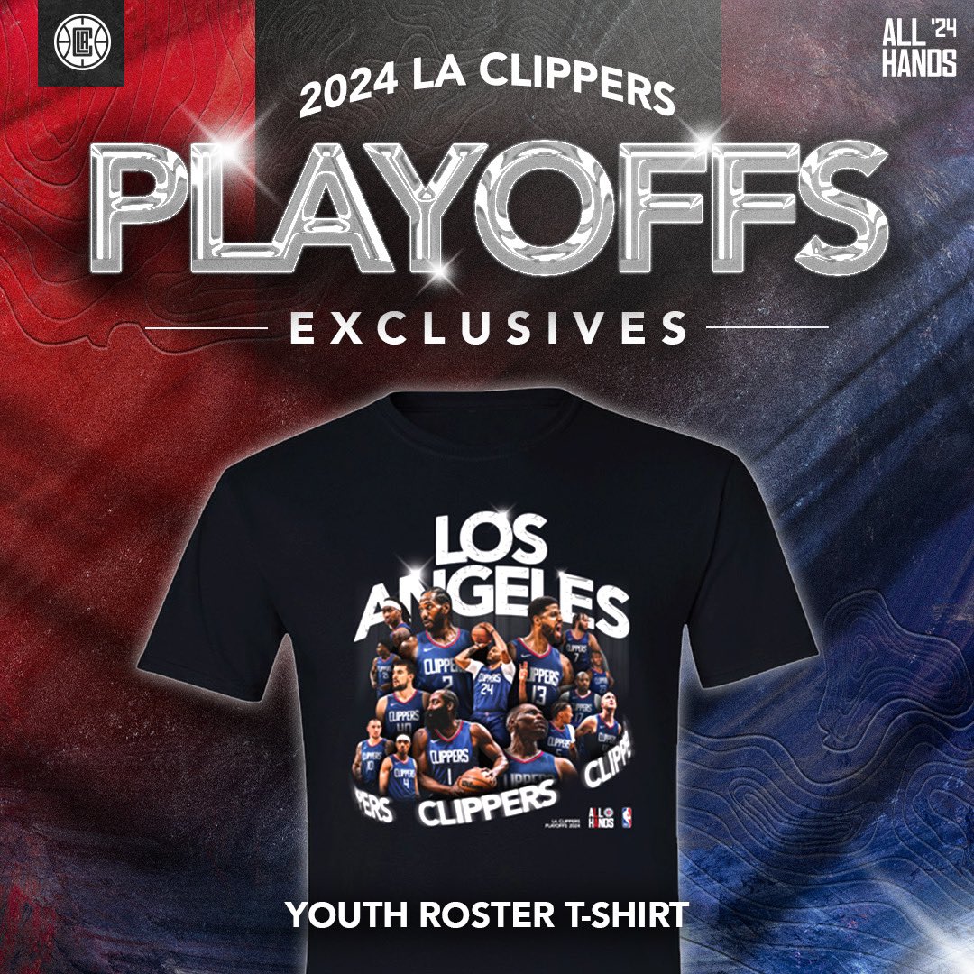 Jr Clippers get your playoff merch for game time! Shop now and secure your Clippers Playoffs Roster t-shirt - available in youth sizes S-XL.

Order online at ClippersHQ.com or get your gear in our Team LA Store today.