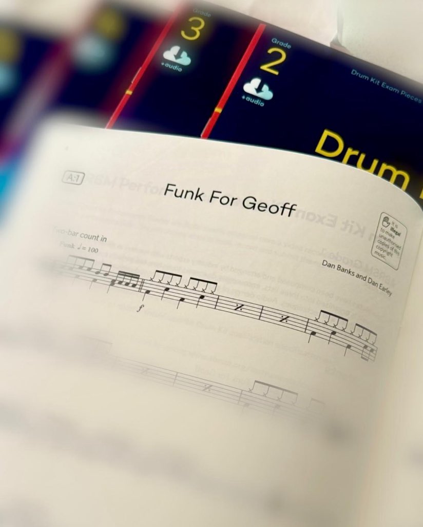 @EarleyMusic Delighted to have made it into the new @ABRSM drum-kit grades, with my fellow composer, the master Dan Banks and expert bass player Andy Staples. My Dad would have loved this, so the grade 1 piece is called Funk for Geoff, as a dedication 🥁