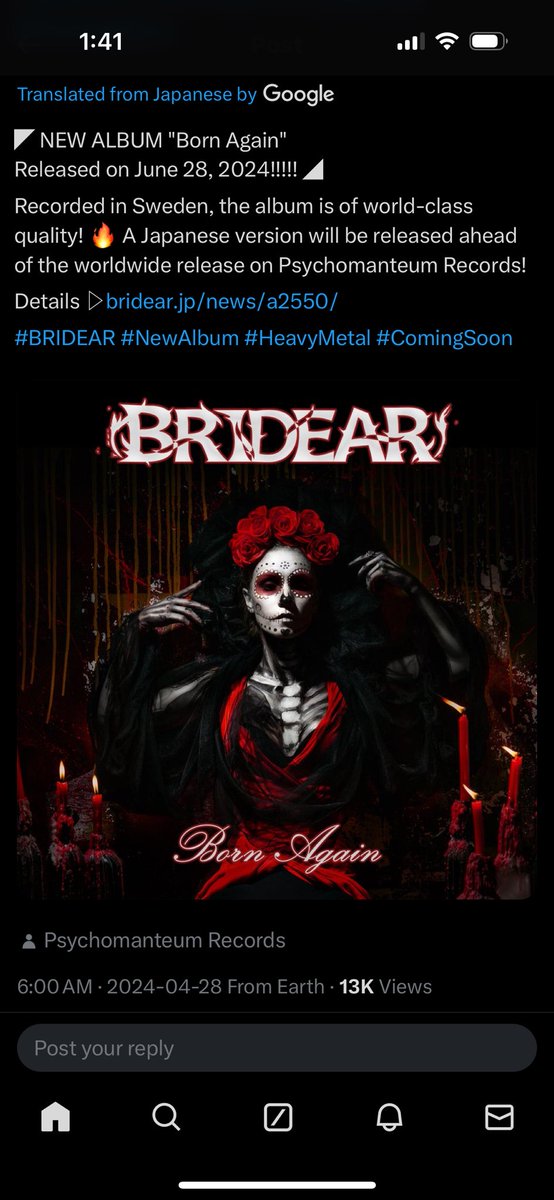 Well, lots of posts from @Bridear_info #BRIDEAR  today!  The big one is the new album release!!!💿🤟 I guess I now know what the next purchase will be! … and I think “Bloody Bride” too!  For now, today’s workout soundtrack will again be  “Aegis of Athena” 🫶