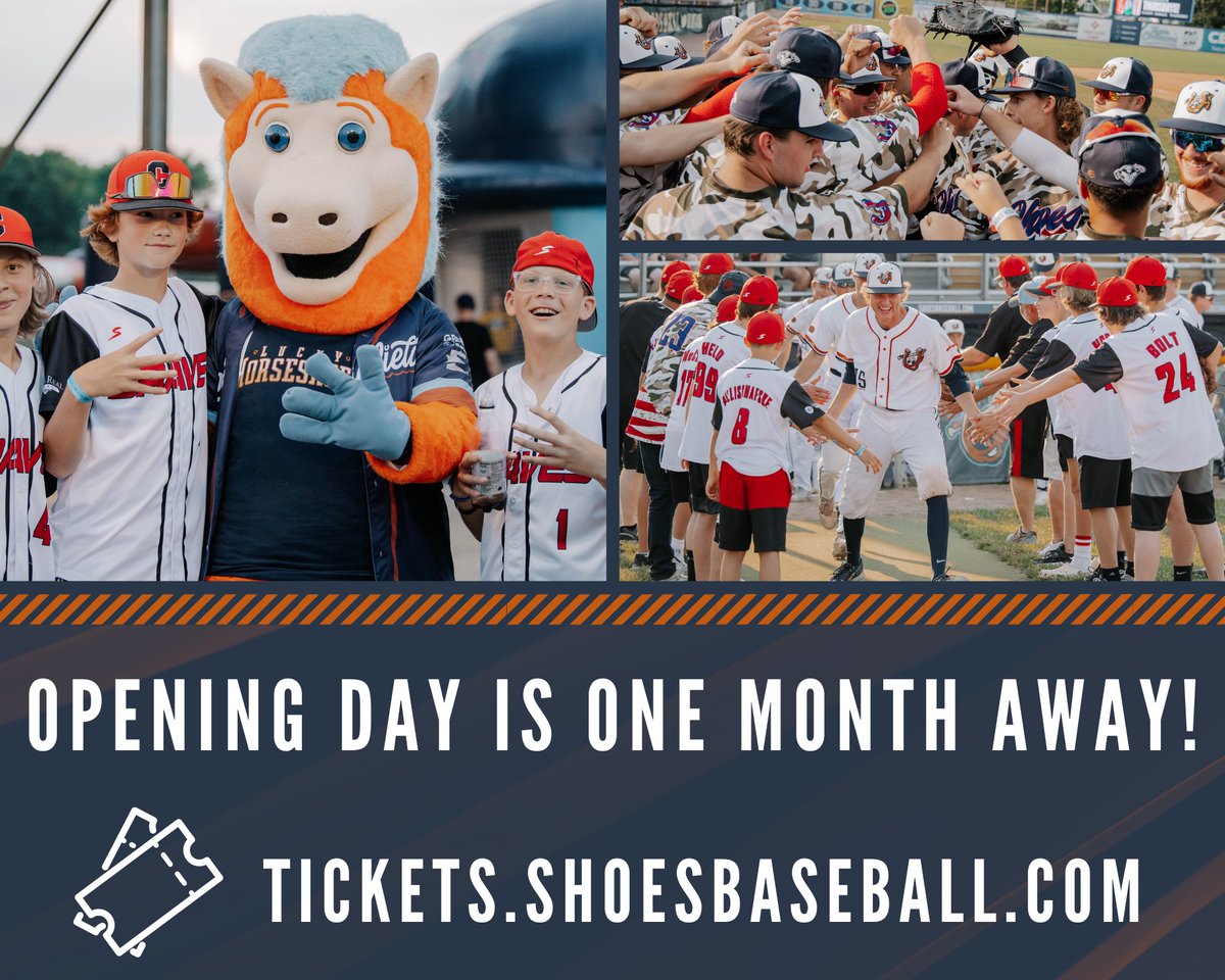‘Shoes fans, we’re exactly 1️⃣ month from Opening Night at Robin Roberts Stadium! We hope to see you at a game this summer — get your tickets now! 🎟️: tickets.shoesbaseball.com