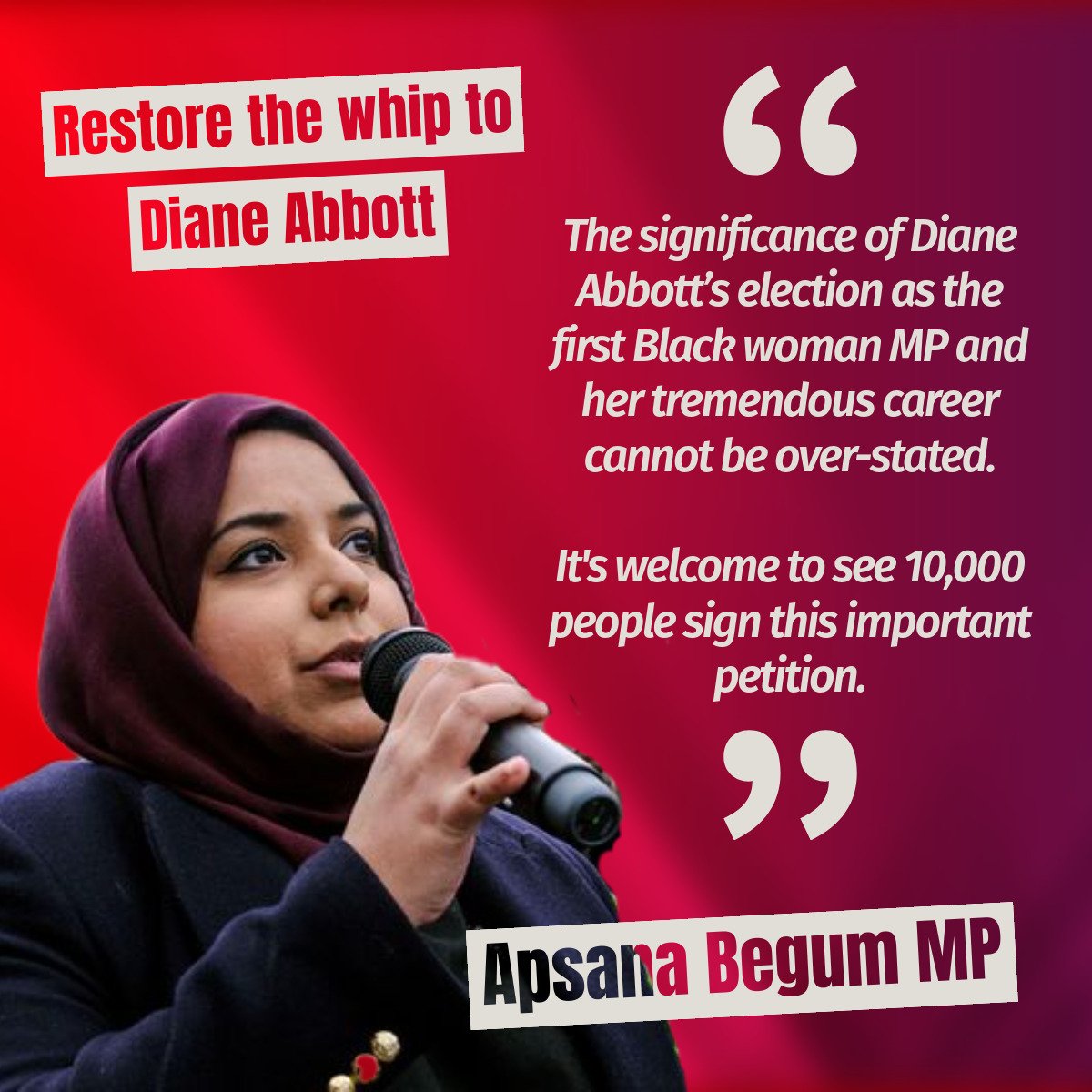 Poplar & Limehouse's @ApsanaBegumMP reflecting on @HackneyAbbott's contribution to British political history and welcoming the growing support for the #RestoreTheWhip campaign backing her PLP reinstatement- you can add your signature to the petition here: actionnetwork.org/petitions/rest…