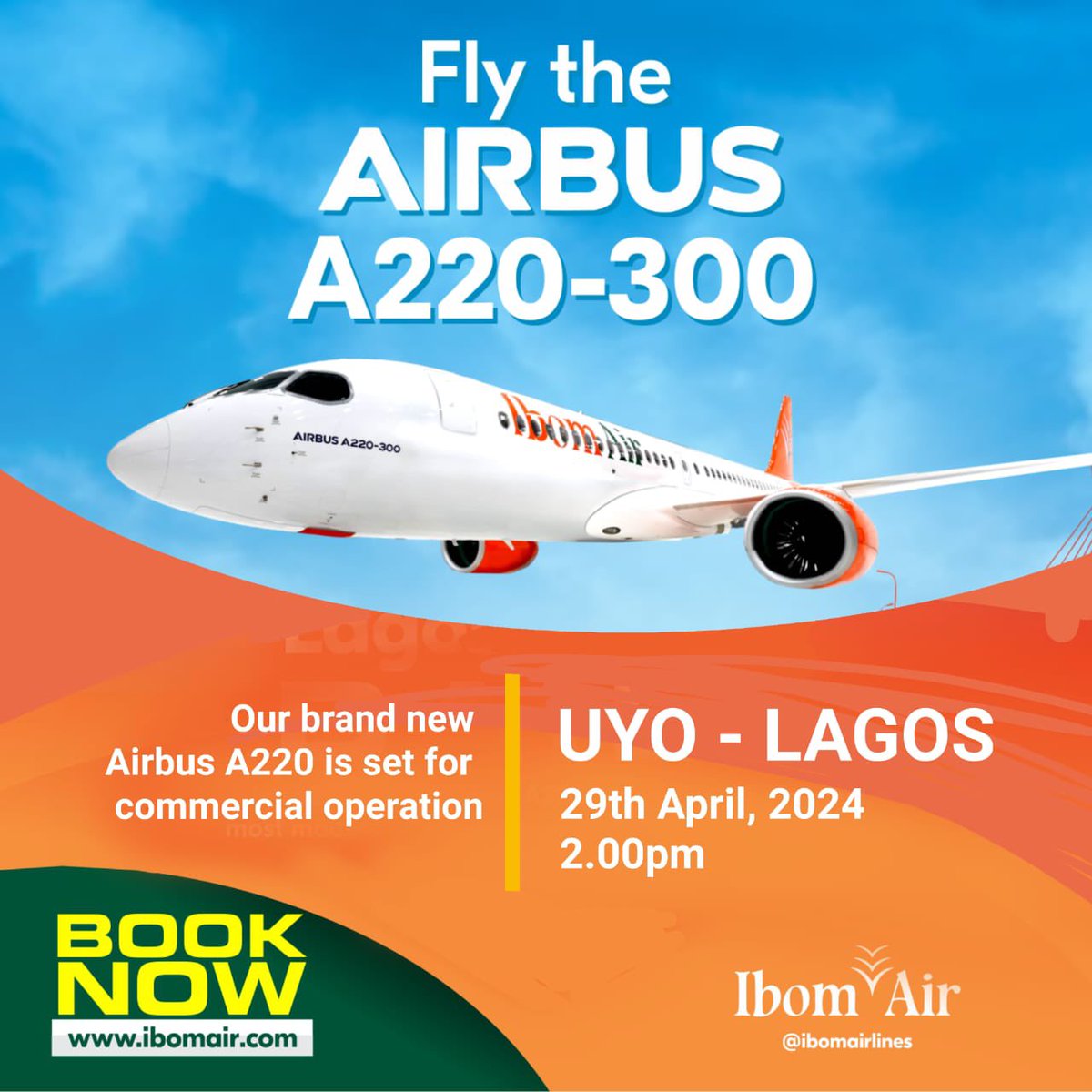 History will be made tomorrow. The inaugural flight on @ibomairlines’ brand new Airbus A220-300 will fly from Uyo to Lagos Tomorrow. Be a part of history. Book now!